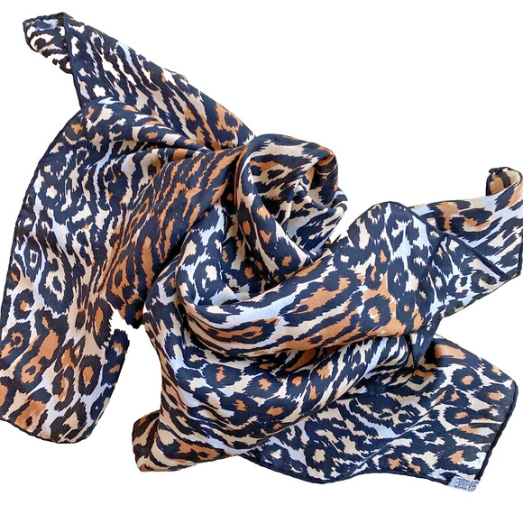 Vintage Silk & Rayon Blend Animal Print Scarf Japan 26” Square Black Tan Cream - Picture 5 of 7